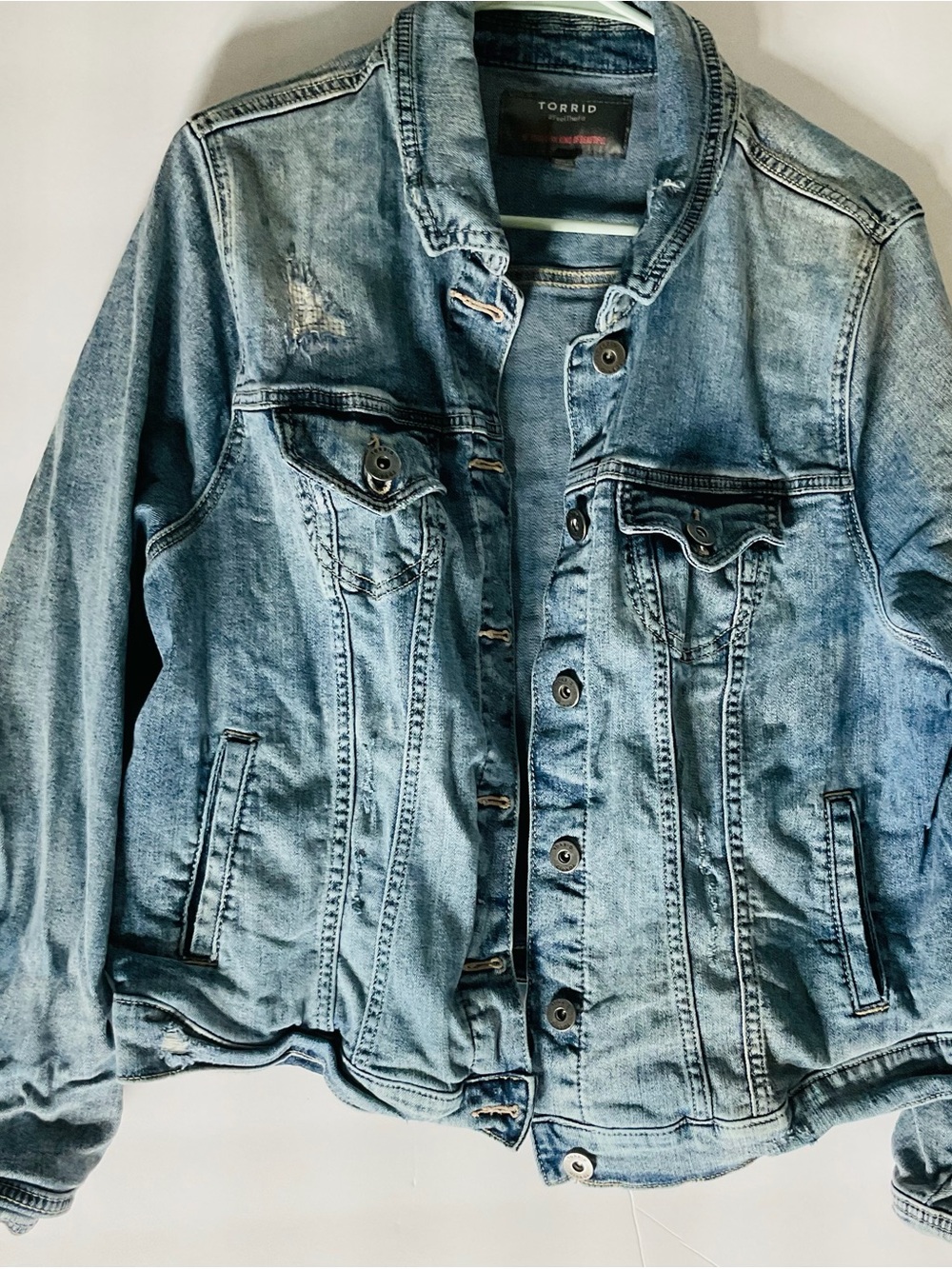 Torrid Light Wash Distressed Denim Jacket Size 1 Plus Size Jean Trucker Jacket
